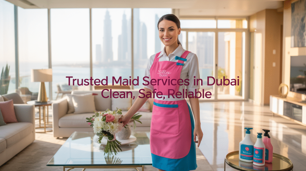 Illustrate an intimate, trust-building moment for the subsection titled "How Silver Maids Dubai Ensures Unmatched Quality and Trust." Depict a modern Dubai homeowner warmly greeting a uniformed Silver Maids Dubai professional at the front door of a stylish, well-maintained apartment. The maid's uniform prominently features the brand colors with a brightly colored pink (#ea1290) vest trimmed with blue (#007e9a) and a crisp white shirt (#FFFF). She holds a detailed clipboard or tablet displaying a checklist of cleaning tasks, symbolizing thoroughness and professionalism. Behind them, incorporate a subtle "Silver Maids Certified & Insured" digital badge or certificate displayed on the wall, subtly reinforcing legitimacy and quality assurance. Include elements symbolizing advanced technology use, such as a sleek eco-friendly spray bottle or cleaning kit with branding in pink and blue, placed nearby to emphasize commitment to safe, modern cleaning practices. Both the homeowner and maid express calm, friendly, and approachable facial expressions to radiate warmth, reliability, and satisfaction. Warm, natural lighting highlights the interaction and creates an inviting atmosphere that conveys trust and confidence in Silver Maids Dubai's services. The image style is elegant, clean, and professional with high-resolution clarity and crisp focus to attract potential clients researching trusted maid services online. The overall tone must feel reassuring and premium, designed to convert post impressions into active inquiries and bookings.