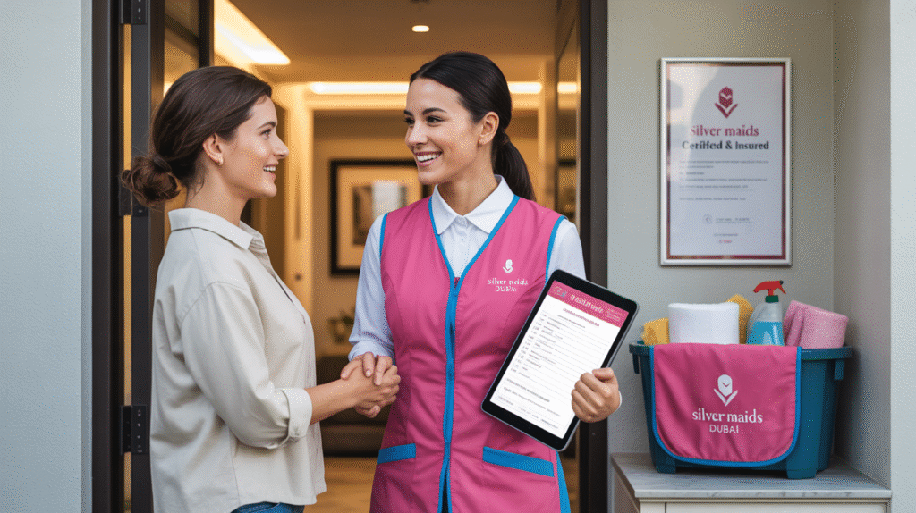 Illustrate an intimate, trust-building moment for the subsection titled "How Silver Maids Dubai Ensures Unmatched Quality and Trust." Depict a modern Dubai homeowner warmly greeting a uniformed Silver Maids Dubai professional at the front door of a stylish, well-maintained apartment. The maid's uniform prominently features the brand colors with a brightly colored pink (#ea1290) vest trimmed with blue (#007e9a) and a crisp white shirt (#FFFF). She holds a detailed clipboard or tablet displaying a checklist of cleaning tasks, symbolizing thoroughness and professionalism. Behind them, incorporate a subtle "Silver Maids Certified & Insured" digital badge or certificate displayed on the wall, subtly reinforcing legitimacy and quality assurance. Include elements symbolizing advanced technology use, such as a sleek eco-friendly spray bottle or cleaning kit with branding in pink and blue, placed nearby to emphasize commitment to safe, modern cleaning practices. Both the homeowner and maid express calm, friendly, and approachable facial expressions to radiate warmth, reliability, and satisfaction. Warm, natural lighting highlights the interaction and creates an inviting atmosphere that conveys trust and confidence in Silver Maids Dubai's services. The image style is elegant, clean, and professional with high-resolution clarity and crisp focus to attract potential clients researching trusted maid services online. The overall tone must feel reassuring and premium, designed to convert post impressions into active inquiries and bookings.